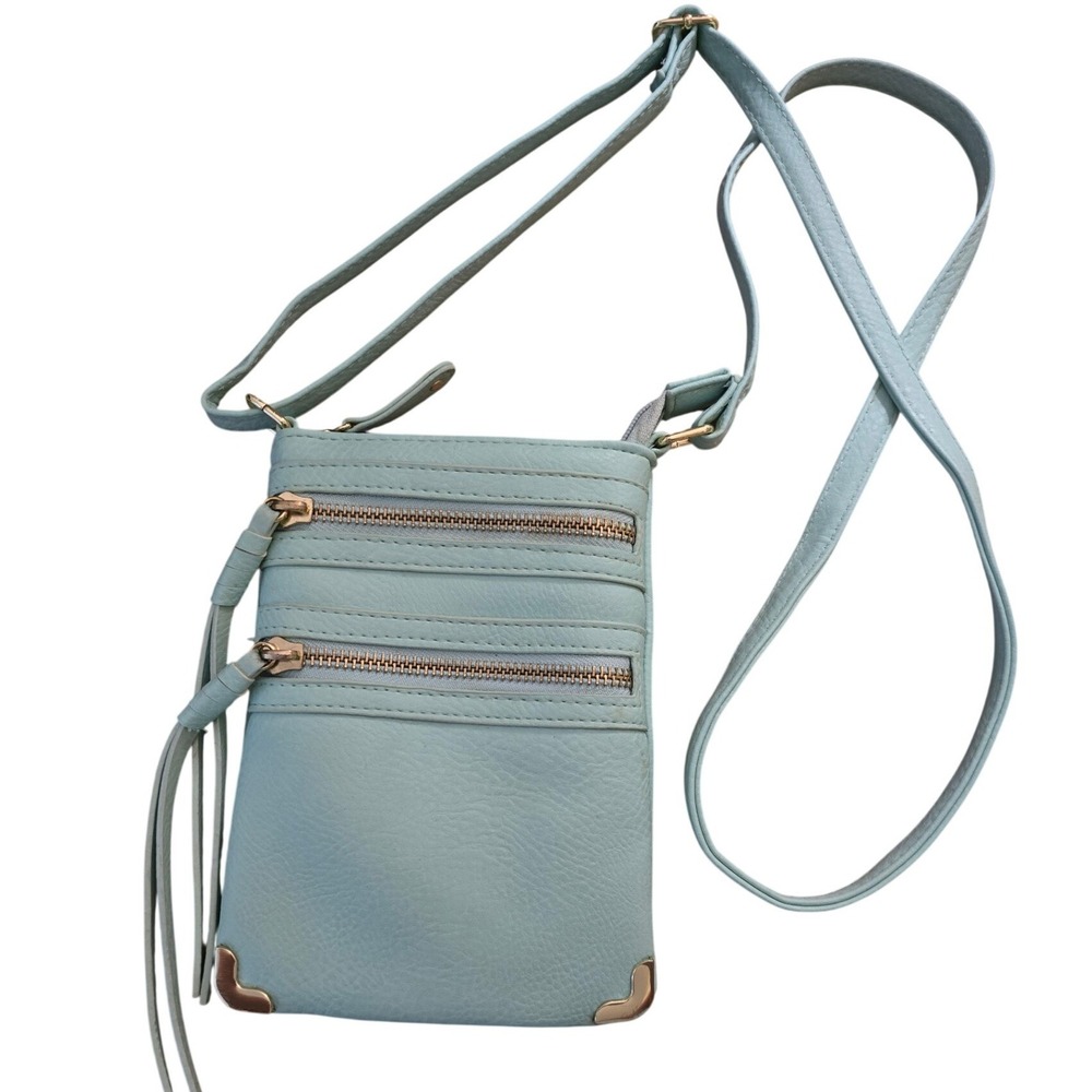 Claire's‎ Mint Green Faux Leather Multi Zipper Crossbody Bag Tassel Gold Detail
